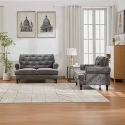 FURNITURE ONE Velvet Tufted Sofa Set, Gray Sectional Couch -1+2 Set in Grey - Size: 1 Pack - thumbnail 2