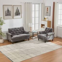 FURNITURE ONE Velvet Tufted Sofa Set, Gray Sectional Couch -1+2 Set in Grey - Size: 1 Pack - thumbnail 3