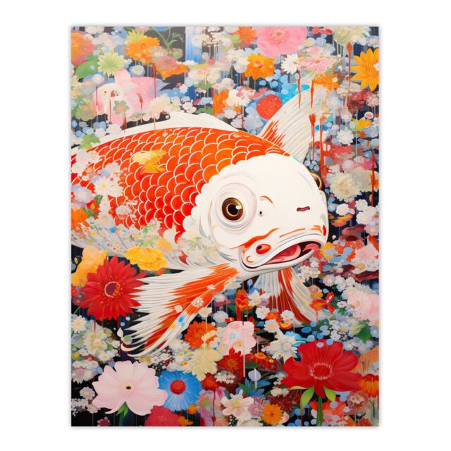 "Artery8 A Fish Out Of Water Superflat Japan Koi Carp Floral Modern Artwork Unframed Wall Art Print Poster Home Decor Premium - Size: W12"" x H16""" - image 1
