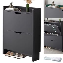 SPETLEK 2 Drawer Shoe Rack Shoes Storage Cabinet Wooden Cupboard in Black