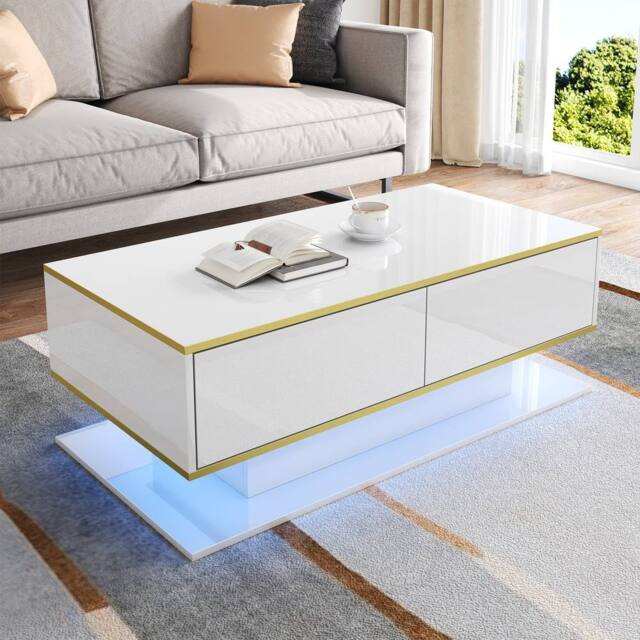 Merax 100cm High-Gloss Coffee Table with Gold Accents, 3 Drawers & LED in White - image 1