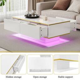 Merax 100cm High-Gloss Coffee Table with Gold Accents, 3 Drawers & LED in White - thumbnail 4