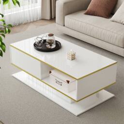 Merax 100cm High-Gloss Coffee Table with Gold Accents, 3 Drawers & LED in White - thumbnail 6