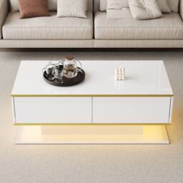 Merax 100cm High-Gloss Coffee Table with Gold Accents, 3 Drawers & LED in White - thumbnail 9