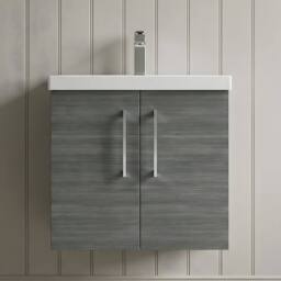 Balterley Contemporary Bathroom Wall Hung 2 Soft-Close Door Vanity Unit & Mid-Edge Ceramic Basin, Anthracite Woodgrain, 600 mm in Grey - thumbnail 6