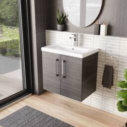 Balterley Contemporary Bathroom Wall Hung 2 Soft-Close Door Vanity Unit & Mid-Edge Ceramic Basin, Anthracite Woodgrain, 600 mm in Grey - thumbnail 4