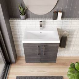 Balterley Contemporary Bathroom Wall Hung 2 Soft-Close Door Vanity Unit & Mid-Edge Ceramic Basin, Anthracite Woodgrain, 600 mm in Grey - thumbnail 3