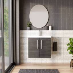 Balterley Contemporary Bathroom Wall Hung 2 Soft-Close Door Vanity Unit & Mid-Edge Ceramic Basin, Anthracite Woodgrain, 600 mm in Grey - thumbnail 2
