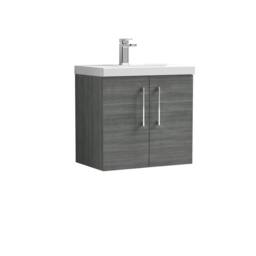 Balterley Contemporary Bathroom Wall Hung 2 Soft-Close Door Vanity Unit & Mid-Edge Ceramic Basin, Anthracite Woodgrain, 600 mm in Grey