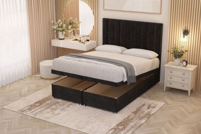 Somnior Alexas Divan Ottoman Bed with Midnight Pocket Spring Mattress & Headboard Plush Velvet in Black - Size: Single - image 1