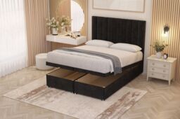 Somnior Alexas Divan Ottoman Bed with Midnight Pocket Spring Mattress & Headboard Plush Velvet in Black - Size: Single - thumbnail 1