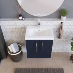 Balterley Contemporary Bathroom Wall Hung 2 Soft-Close Door Vanity Unit & Mid-Edge Ceramic Basin, Midnight Blue, 500 mm in Blue - thumbnail 3