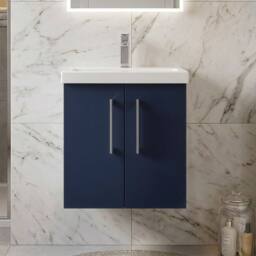 Balterley Contemporary Bathroom Wall Hung 2 Soft-Close Door Vanity Unit & Mid-Edge Ceramic Basin, Midnight Blue, 500 mm in Blue - thumbnail 9