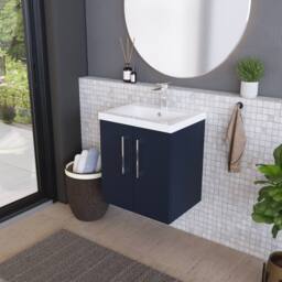 Balterley Contemporary Bathroom Wall Hung 2 Soft-Close Door Vanity Unit & Mid-Edge Ceramic Basin, Midnight Blue, 500 mm in Blue - thumbnail 4