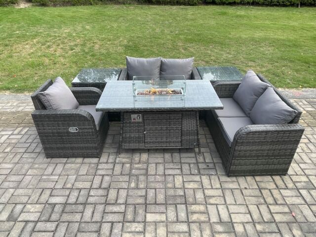 Fimous Rattan Garden Furniture Set with Gas Fire Pit Dining Table, 2 Side Tables Indoor Outdoor 6 piece Love Sofa set in Dark Grey - image 1