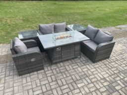 Fimous Rattan Garden Furniture Set with Gas Fire Pit Dining Table, 2 Side Tables Indoor Outdoor 6 piece Love Sofa set in Dark Grey - thumbnail 3