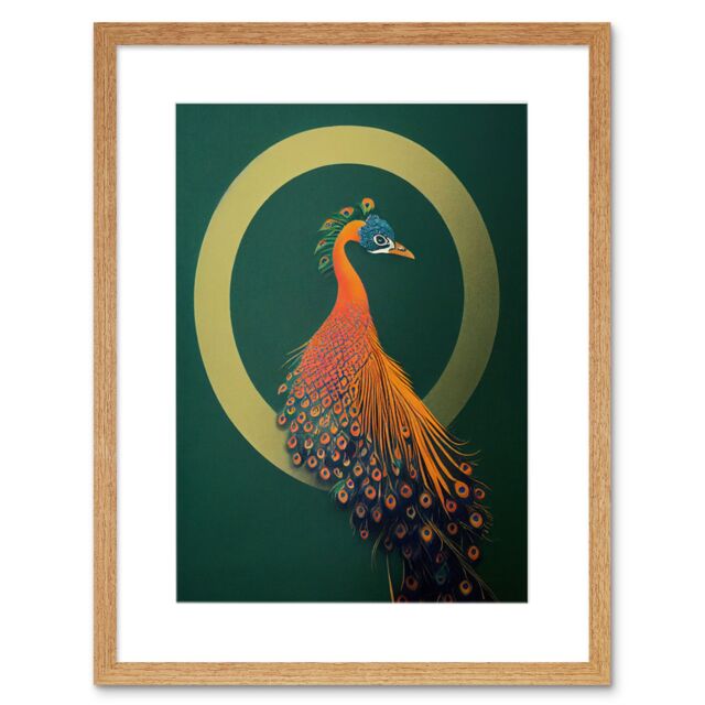 "Artery8 Wall Art Print Glamorous Stylish Chic Modern Peacock Green Gold Orange Artwork Framed 9X7 Inch in Beige - Size: W7"" x H9""" - image 1