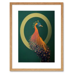 "Artery8 Wall Art Print Glamorous Stylish Chic Modern Peacock Green Gold Orange Artwork Framed 9X7 Inch in Beige - Size: W7"" x H9""" - thumbnail 1