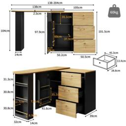 Rolipo Extendable 360° Rotating Bar Table Kitchen Island with Storage in Black - thumbnail 2