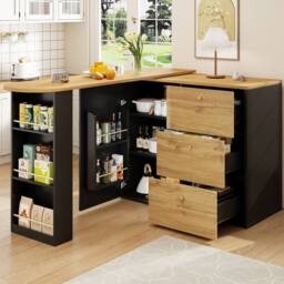 Rolipo Extendable 360° Rotating Bar Table Kitchen Island with Storage in Black - thumbnail 1