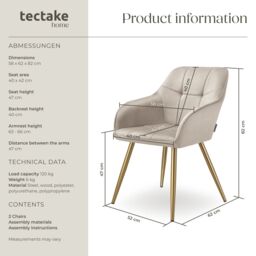 tectake Dining Chair Marilyn Per Piece - Taupe/Gold in Taupe - Size: 1 Pack - thumbnail 6