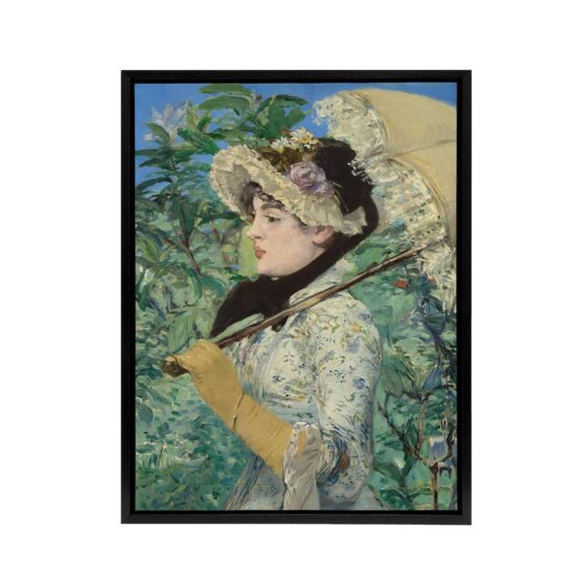 "Artery8 Jeanne Spring Parasol Portrait Manet Black Framed Canvas Art in Green - Size: W12"" x H16""" - image 1