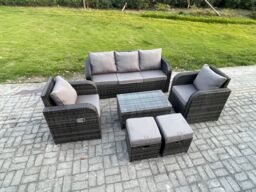 Fimous Outdoor Rattan Garden Furniture Set Patio Lounge Sofa Set with Reclining Chair Rectangular Coffee Table in Dark Grey - thumbnail 2