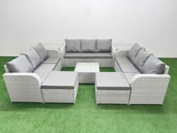 Fimous PE Rattan Lounge Sofa Set 11 Seater Outdoor Garden Furniture Set w/ Square Coffee Table 3 Seater Sofa 2 Big Footstools 2 Side Table Light Grey - thumbnail 1