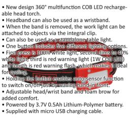 Loops Red Rechargeable Head Torch - Adjustable Band - Automatic Sensor - 2W COB LED - thumbnail 2