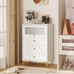 Costway 3 Drawer Dresser Modern Storage Cabinet w/ Flip Up Fluted Glass Door in Grey - thumbnail 6