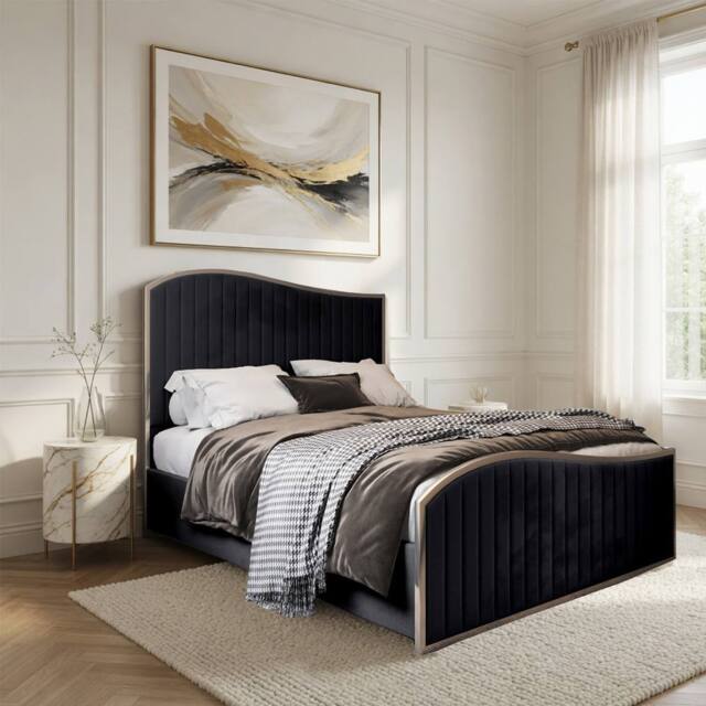 Casani Fulbeck Upholstered Soft Velvet Black Metal Designer Bed Frame - Size: Super King - image 1