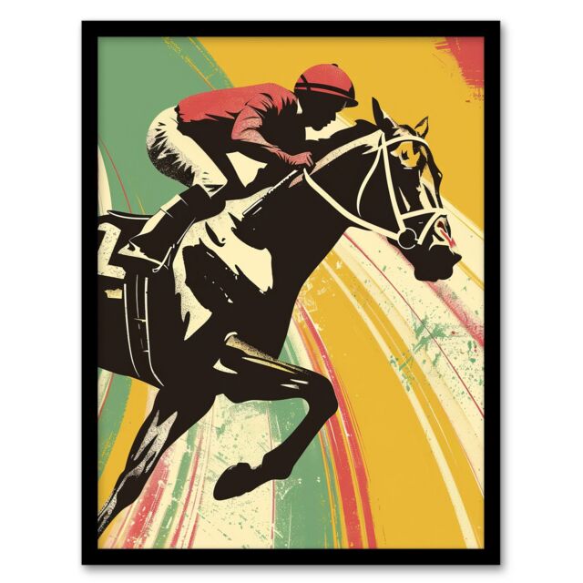 "Artery8 Jockey on Race Horse Artwork Bold Colourful Pop Framed Art Print - Size: W12"" x H16""" - image 1