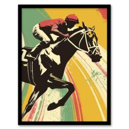"Artery8 Jockey on Race Horse Artwork Bold Colourful Pop Framed Art Print - Size: W12"" x H16""" - thumbnail 1