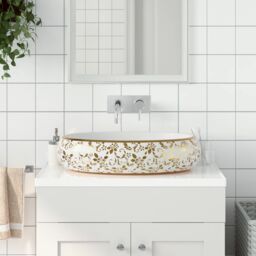 Berkfield Home Countertop Basin White & Gold Oval 59x40x15 cm Ceramic - Size: 59 x 40 x 15 cm