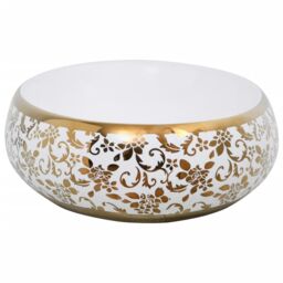 Berkfield Home Countertop Basin White & Gold Oval 59x40x15 cm Ceramic - Size: 59 x 40 x 15 cm - thumbnail 5