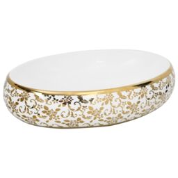 Berkfield Home Countertop Basin White & Gold Oval 59x40x15 cm Ceramic - Size: 59 x 40 x 15 cm - thumbnail 2