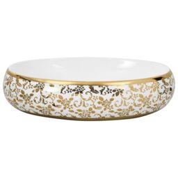 Berkfield Home Countertop Basin White & Gold Oval 59x40x15 cm Ceramic - Size: 59 x 40 x 15 cm - thumbnail 3
