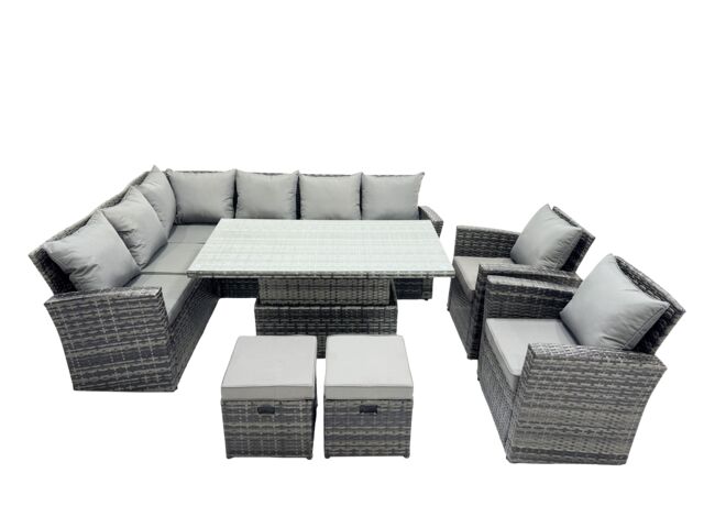 Fimous Poly Rattan Outdoor Patio Corner Sofa Set with 2 Small Stool, 2 Chairs in Dark Grey - image 1