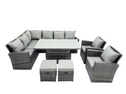 Fimous Poly Rattan Outdoor Patio Corner Sofa Set with 2 Small Stool, 2 Chairs in Dark Grey - thumbnail 1