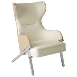 Orsina Luxe White Fabric Chair For Living Room, Wing-Back Accent Chair, Velvet Armchair With Quilted Beige Backrest