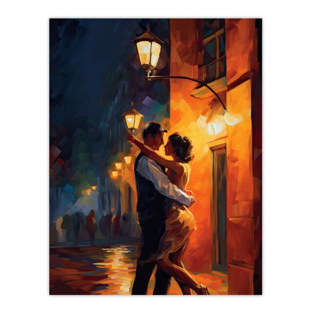 Artery8 Wall Art Print Dancing In The Street Light Oil Painting Orange Blue Lovers On A Date Night Out In Town First Kiss Bedroom Art Poster - image 1