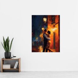 Artery8 Wall Art Print Dancing In The Street Light Oil Painting Orange Blue Lovers On A Date Night Out In Town First Kiss Bedroom Art Poster - thumbnail 4