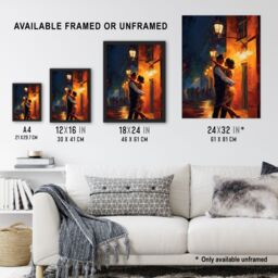Artery8 Wall Art Print Dancing In The Street Light Oil Painting Orange Blue Lovers On A Date Night Out In Town First Kiss Bedroom Art Poster - thumbnail 3