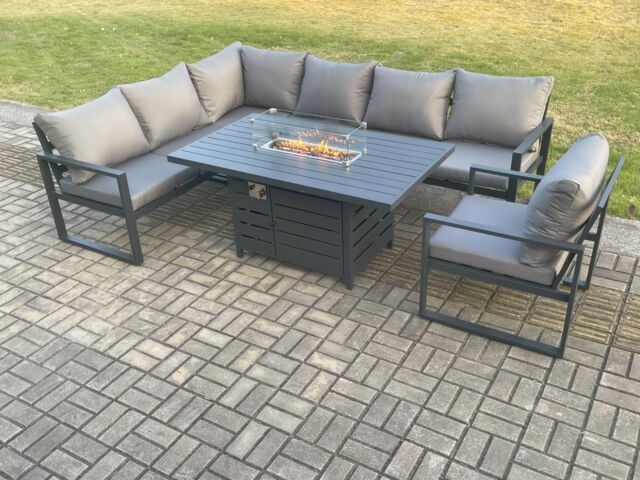 Fimous Aluminium Outdoor Garden Furniture Corner Sofa Gas Fire Pit Dining Table Sets Gas Heater Burner Dark Grey 7 Seater