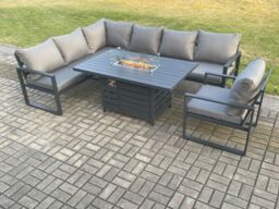 Fimous Aluminium Outdoor Garden Furniture Corner Sofa Gas Fire Pit Dining Table Sets Gas Heater Burner Dark Grey 7 Seater - thumbnail 1