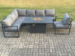 Fimous Aluminium Outdoor Garden Furniture Corner Sofa Gas Fire Pit Dining Table Sets Gas Heater Burner Dark Grey 7 Seater - thumbnail 2
