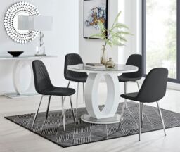 FurnitureboxUK Giovani Round 4 Seat 100cm White High Gloss Halo Base Grey Glass Top Dining Table 4 Soft Faux Leather Silver Leg Corona Chairs in Black - thumbnail 1
