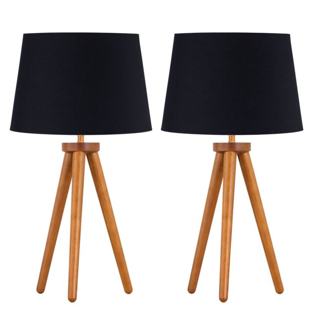 First Choice Lighting Set of 2 Dark Oak Table Lamp or Bedside Lights with Black Shades in Brown - image 1