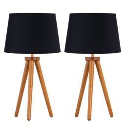 First Choice Lighting Set of 2 Dark Oak Table Lamp or Bedside Lights with Black Shades in Brown