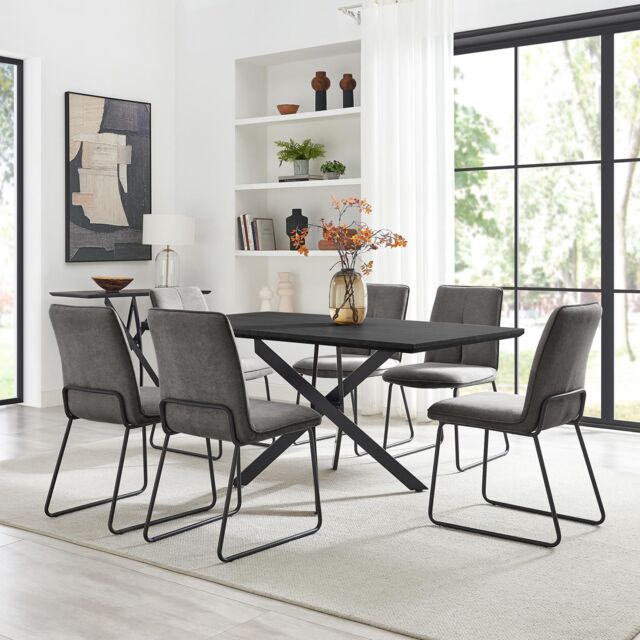 FurnitureboxUK Leonardo Black Top Dining Table & 6 Halley Fabric Chairs in Dark Grey - image 1